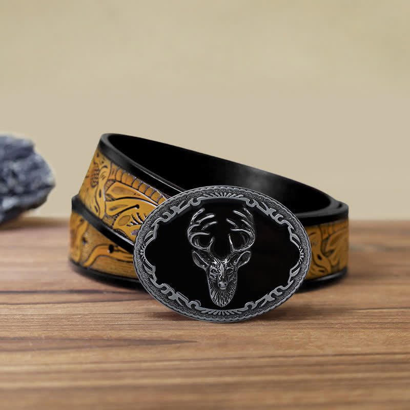 Men's DIY Black Deer Head Buckle Leather Belt - Deer - SandyBrown Belt (40) - image 13