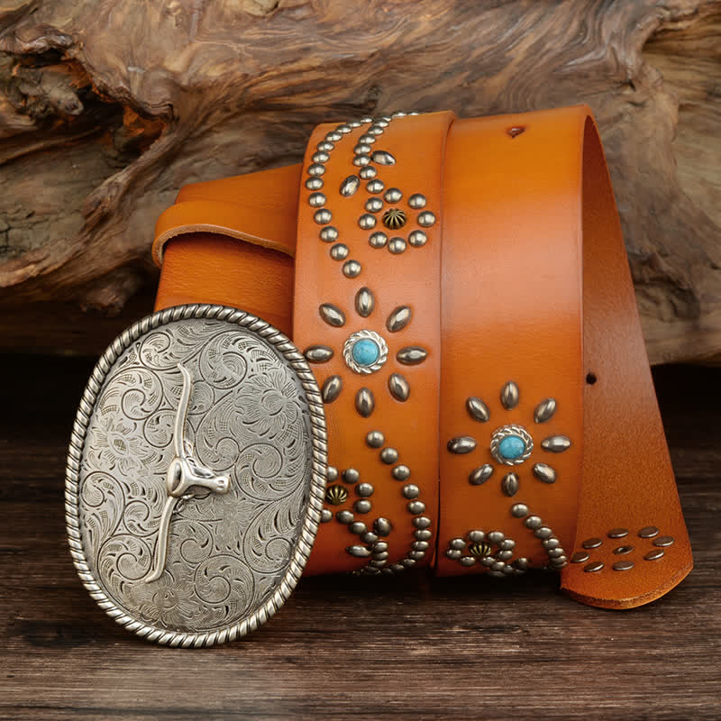 Men's Punk Rivet Longhorn Bull Turquoise Real Leather Belt - Yellowish-Brown - 44 - image 0