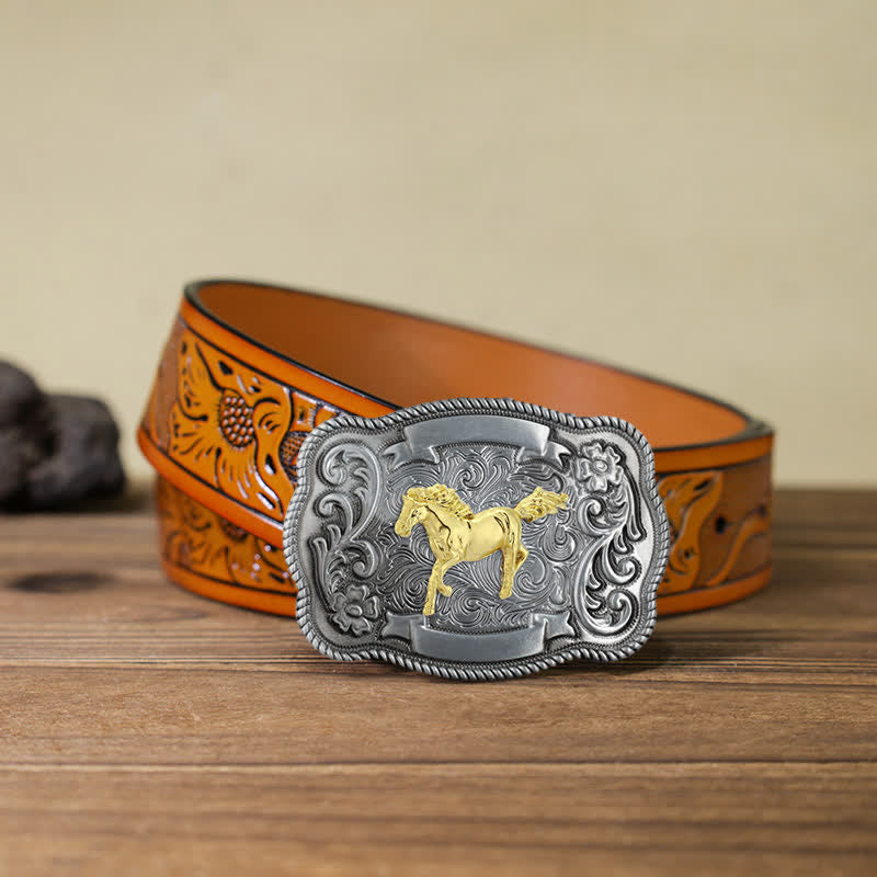 Men's DIY Gold Carving Animal Buckle Leather Belt - Horse - Orange Carved Belt (40) - image 9