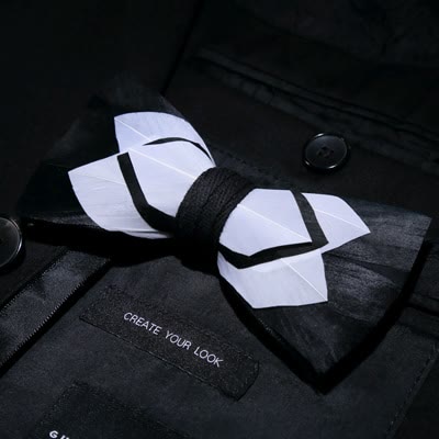 White & Black Understated  Feather Bow Tie with Lapel Pin - image 1