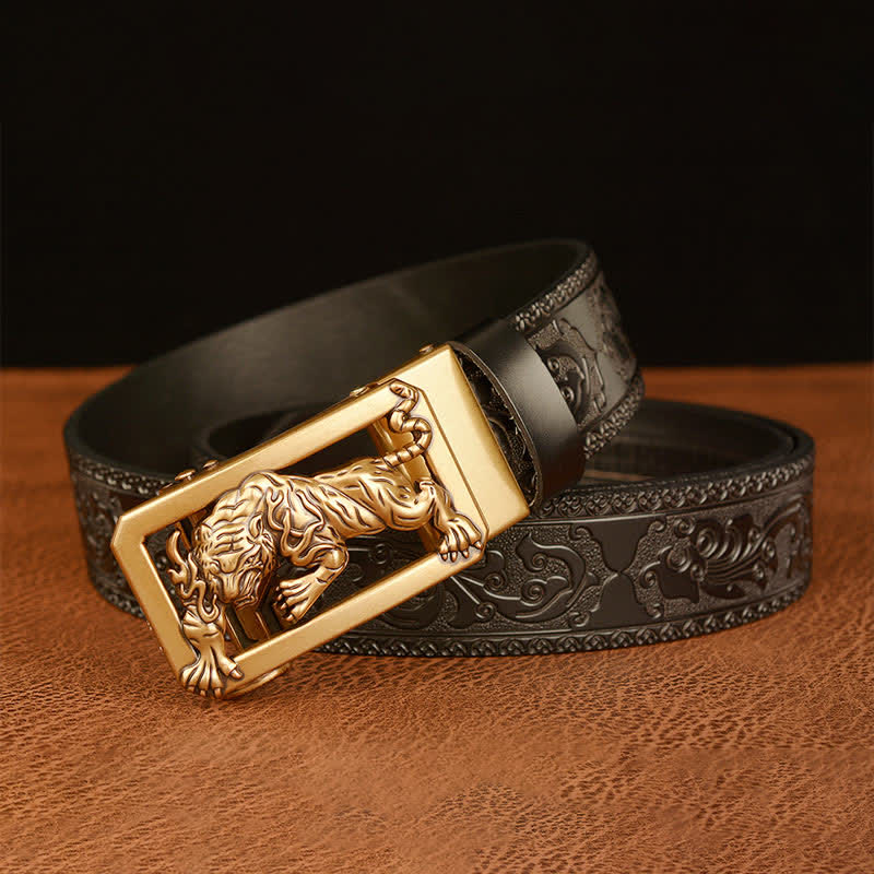 Men's Tiger Buckle Floral Embossed Leather Belt - image 12