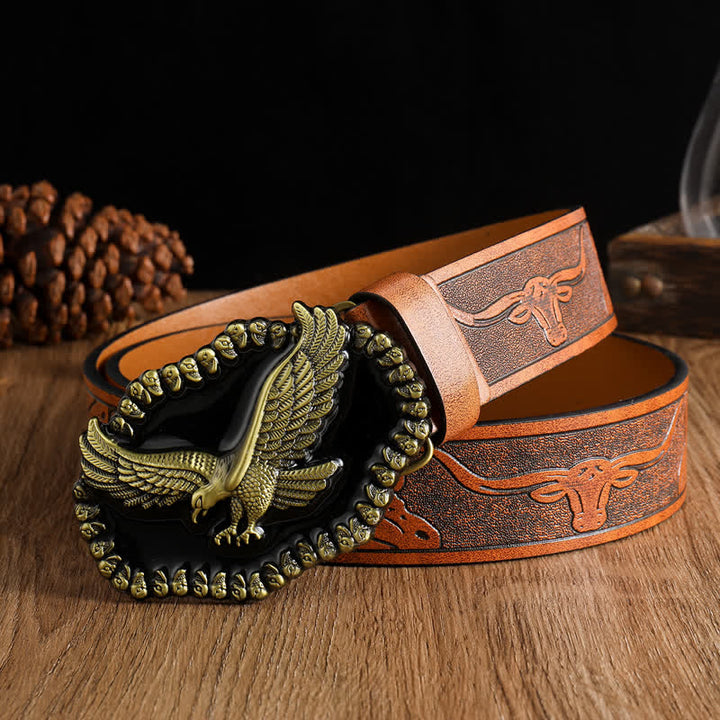 Men's Antique Gold Eagle Soaring Hawk Leather Belt - Yellowish-Brown #4 - 42 - image 17