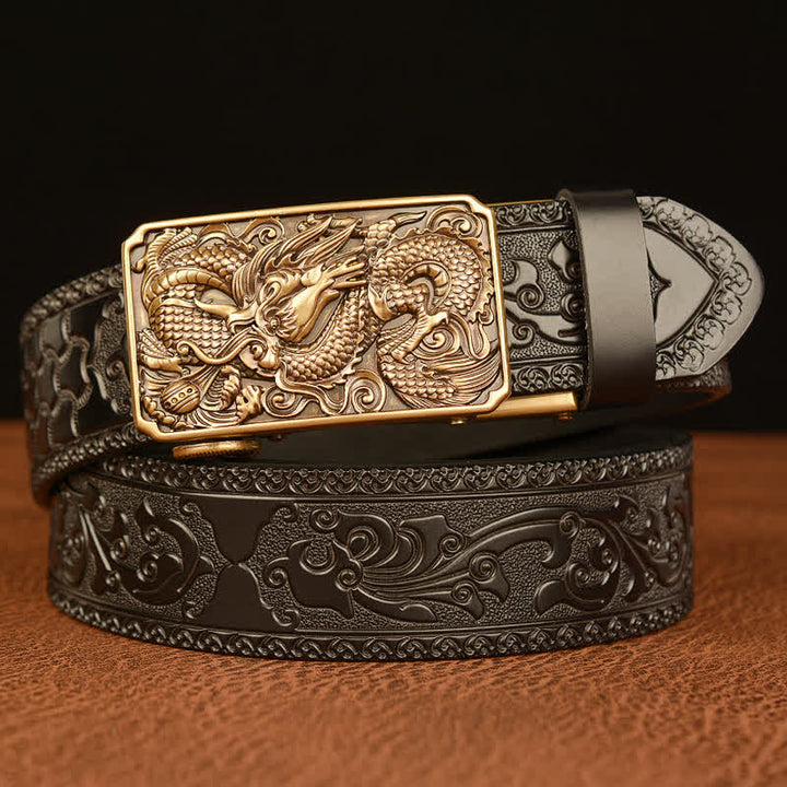 Men's Dragon Square Buckle Leather Belt - Gold & Black - 46 - image 10