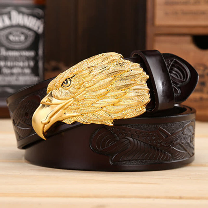 Men's Sharp Eyes 3D Vulture Head Eagle Buckle Leather Belt - Brown / Gold - 46 - image 9