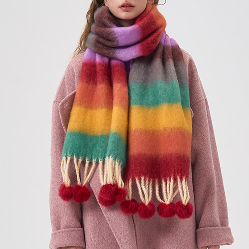 Women's Rainbow Color Striped Tassel Scarf - image 0