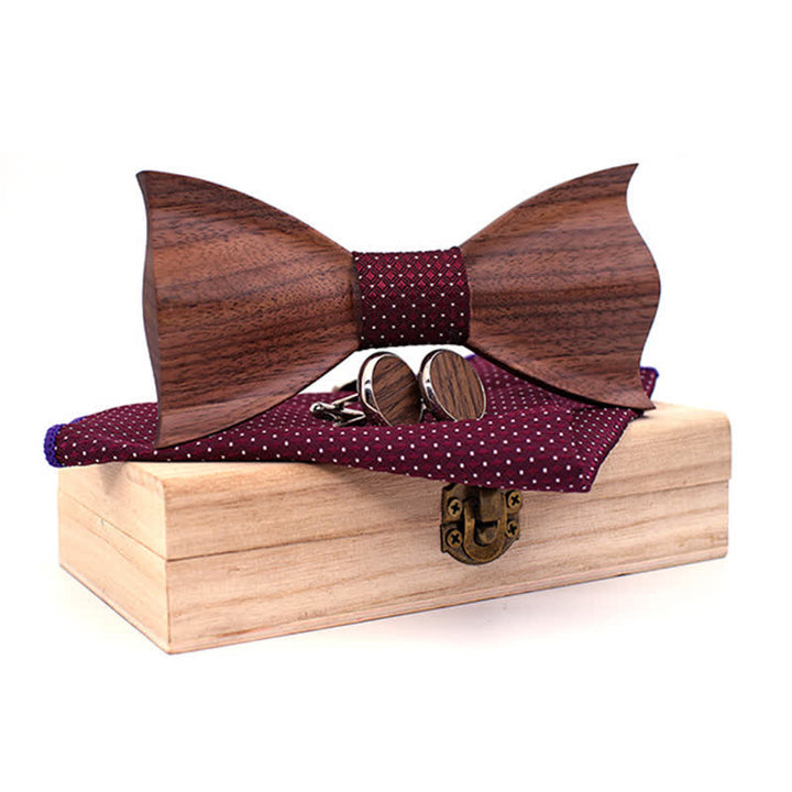 3Pcs Men's 3D Black Walnut Wooden Bow Tie Set - Burgundy - image 6