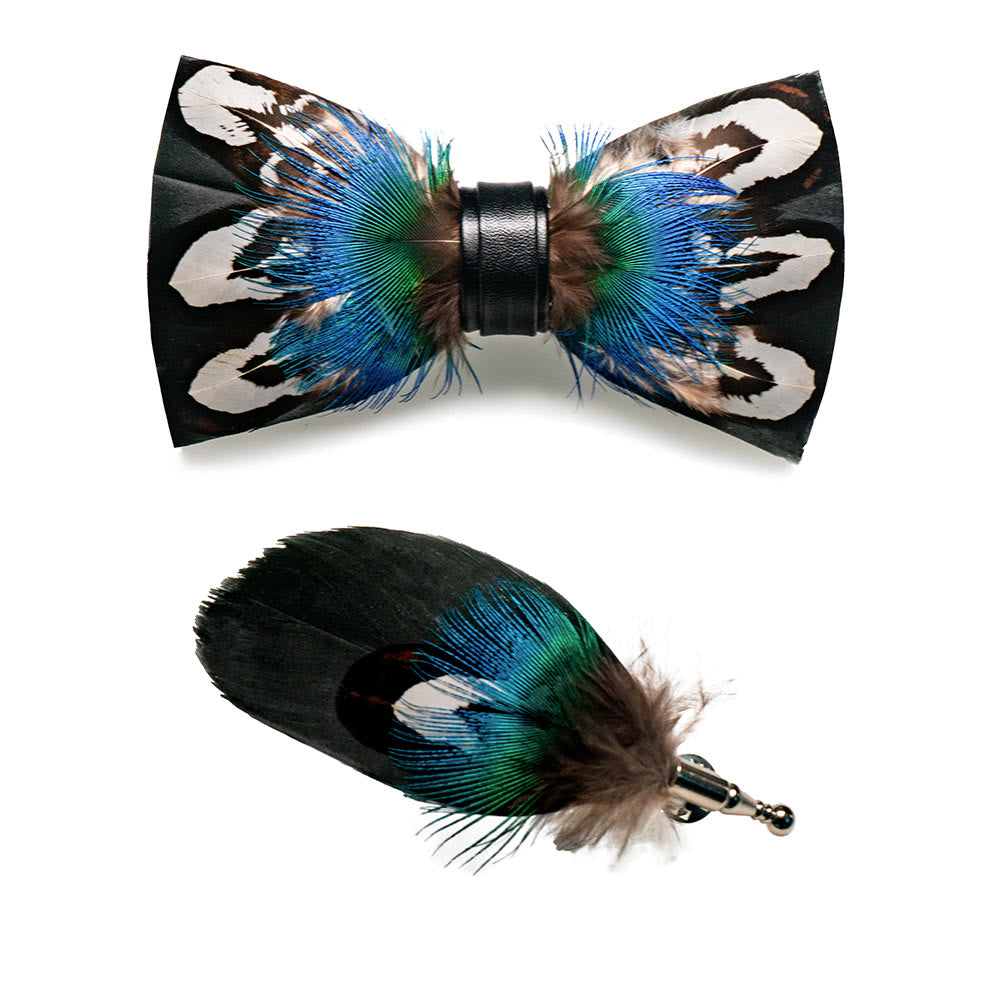 Blue & Black Noble Peacock Feather Bow Tie with Lapel Pin - image 3