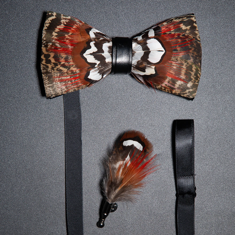 Kid's Brown & Red Feather Bow Tie with Lapel Pin - Adult - image 1