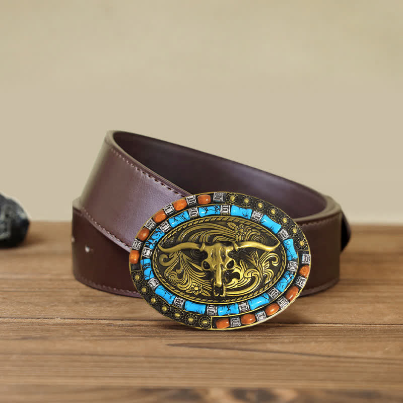 Men's DIY Turquoise Wood Bead Bull Buckle Leather Belt - Gold - Brown PU Belt (115 cm/46 inch) - image 10