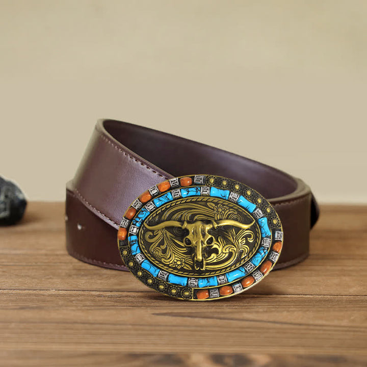Men's DIY Turquoise Wood Bead Bull Buckle Leather Belt - Gold - Brown PU Belt (115 cm/46 inch) - image 10