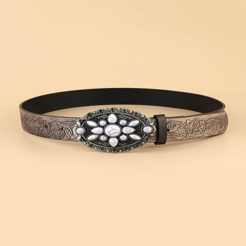 Women's Ethnic White Gem Embossed Leather Belt - image 1