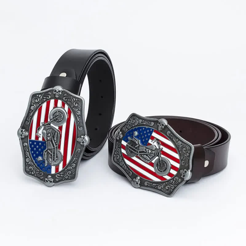 Men's Motorcycle American Flag Skull Leather Belt - image 0
