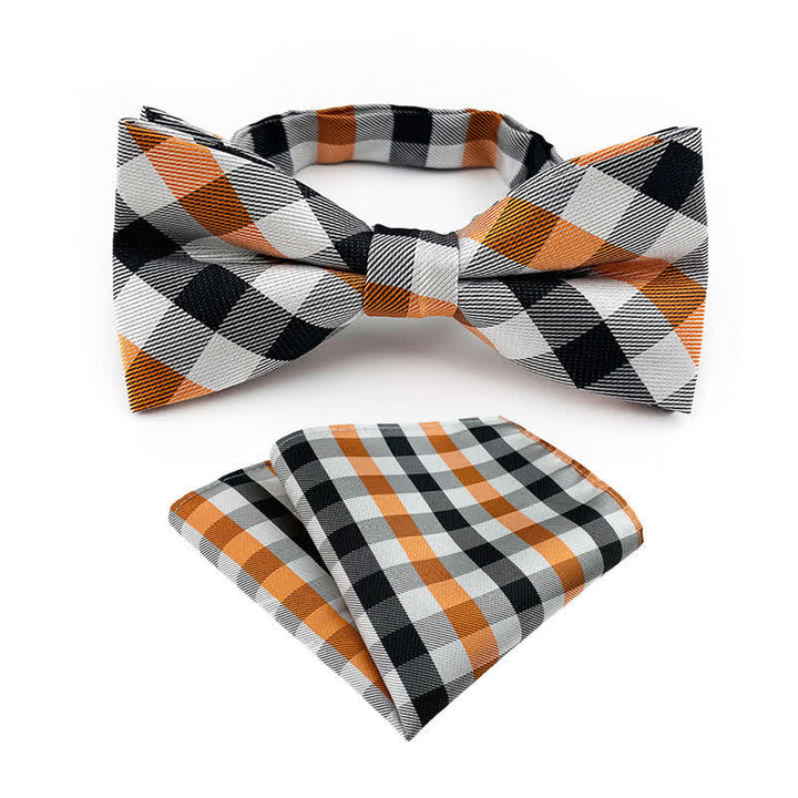 2Pcs Men's Fancy Plaid Striped Bow Tie Pocket Square Set - Orange & Gray - image 2