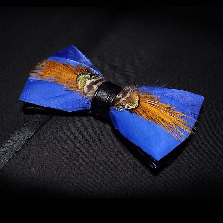 Gold & Blue Sunny Feather Bow Tie with Lapel Pin - image 1