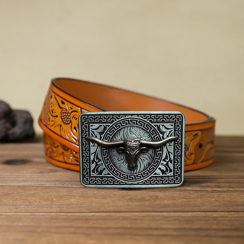 Men's DIY  Weatern Buckle Leather Belt - Silver - Orange Carved Belt (40) - image 23