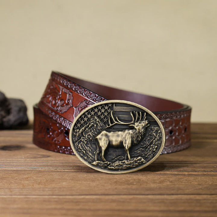 Men's DIY Elk Deer American Flag Buckle Leather Belt - Antique Bronze - Brown Carved Belt (40) - image 19