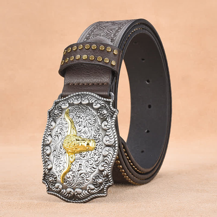 Men's Punk Rivet Gold Longhorn Bull Leather Belt - Coffee - 44 - image 10