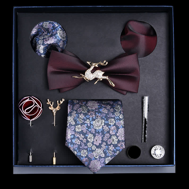 8Pcs Burgundy&Blue Floral Casual Necktie Bow Ties Gift Box - Burgundy&Blue - image 0