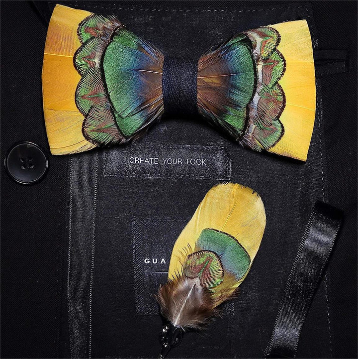 Bright Yellow & Green Peacock Feather Bow Tie with Lapel Pin - Adult - image 0
