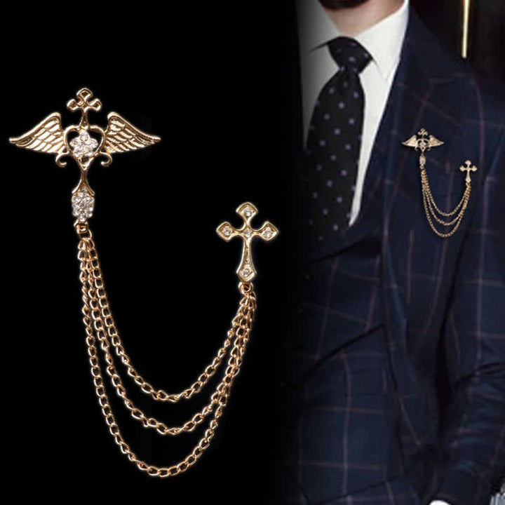 Men's Angel Wings Cross Tassel Brooch - Gold - image 0