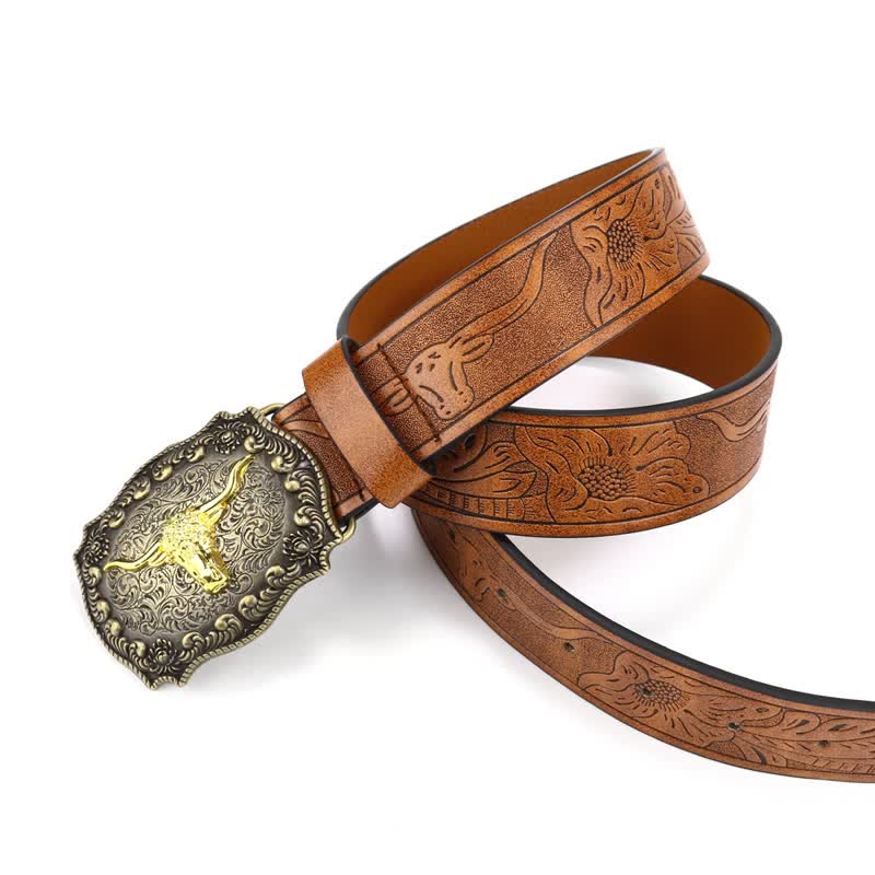 Men's Square Engraved Bull Flower Leather Belt - image 4