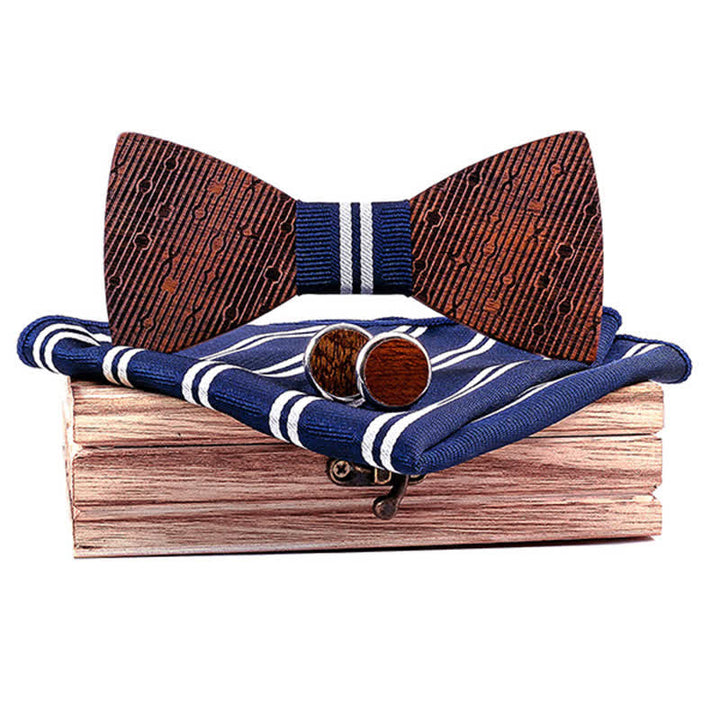 3Pcs Men's Hollow Leaves-shaped Wooden Bow Tie Set - Navy Striped - image 10