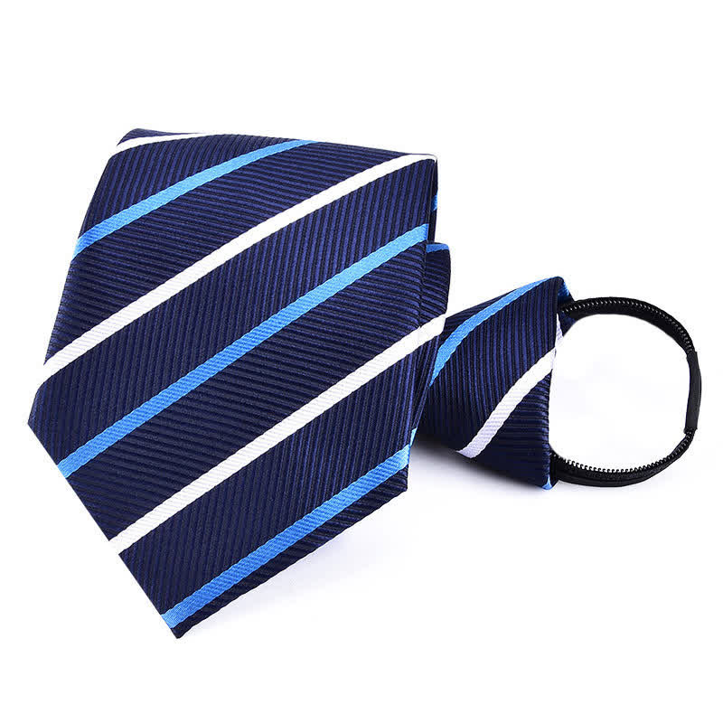 Men's Bussiness Zipper Tie Plaid Striped Necktie - Navy&White Striped - image 13