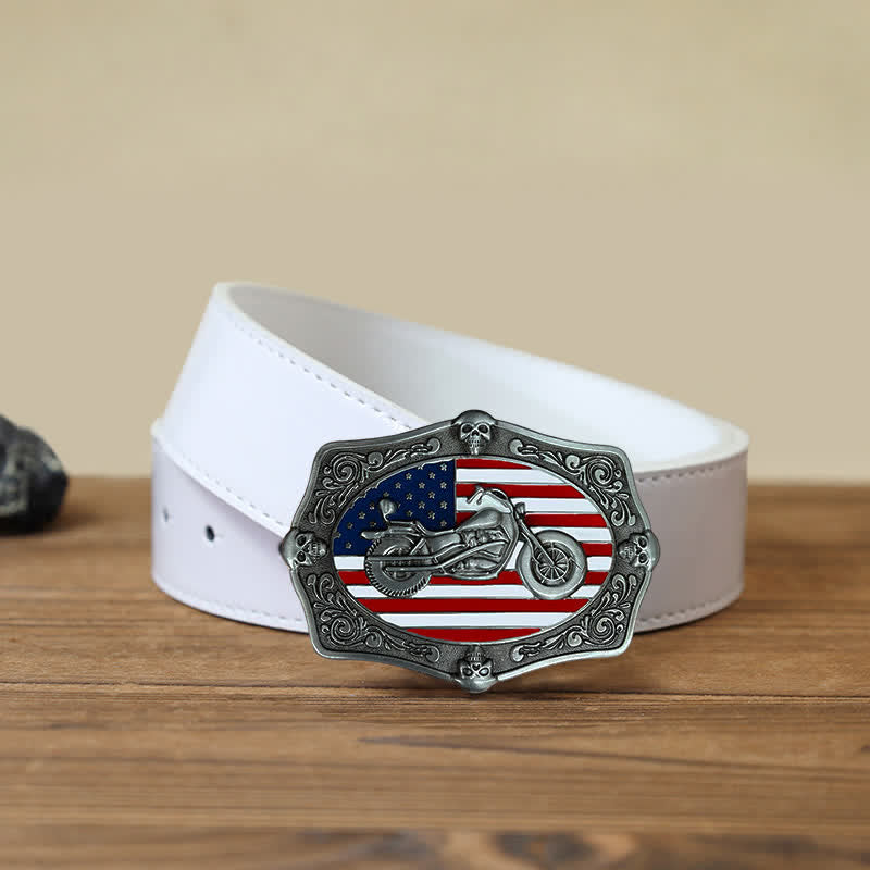 Men's DIY Motorcycle USA Flag Skull Buckle Leather Belt - Motorcycle - White PU Belt (40) - image 5