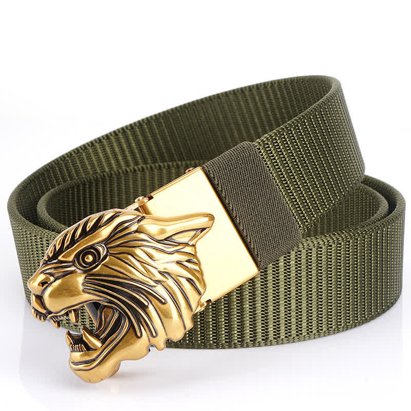 Men's Roaring Tiger Head Nylon Belt - Army Green / Gold - 48" - image 9