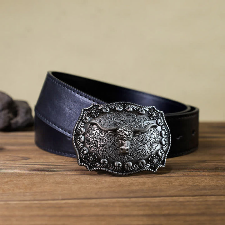 Men's DIY Longhorn Bull Antiqued Silver Buckle Leather Belt - Silver - Black PU Belt (40) - image 4