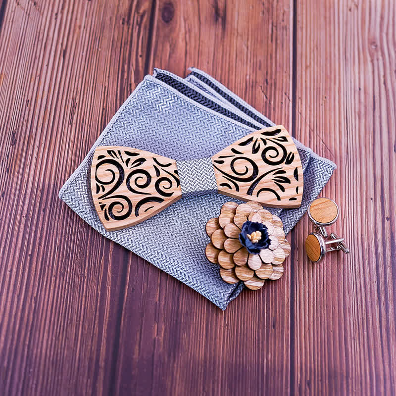 4Pcs Men's Hollow Leaf Design Wooden Bow Tie Set - image 3