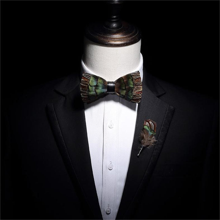 Kid's Brown & Green Forest Retro Feather Bow Tie with Lapel Pin - image 3