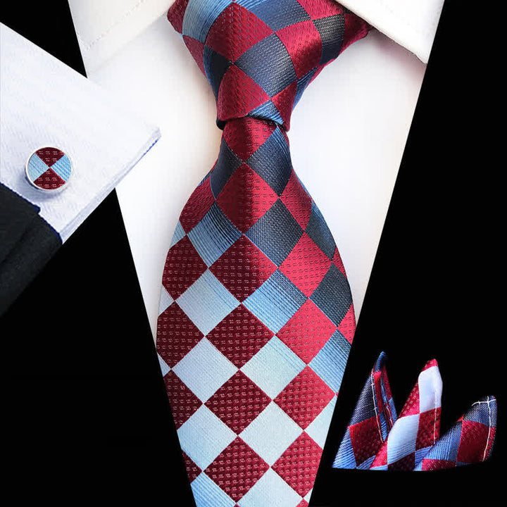 3Pcs Men's Contrast Color Checkerboard Necktie Set - Burgundy - image 0