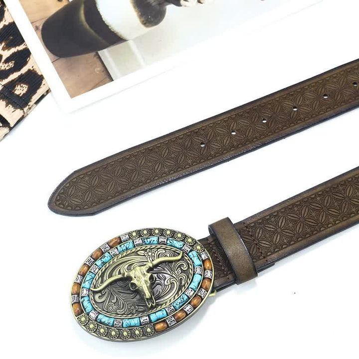 Men's Western Cowboy Turquoise Bull Leather Belt - image 16