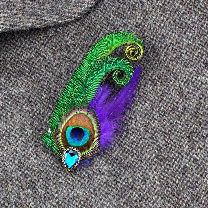 Rhinestone Peacock Eye Feather Brooch - image 1