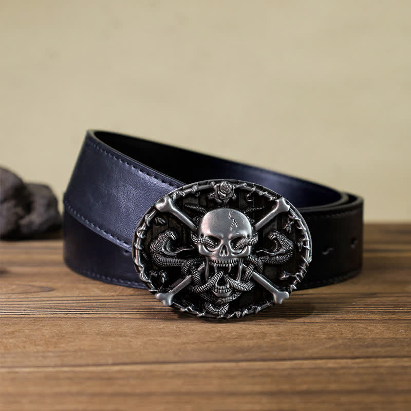 Men's DIY Gothic Cross Skull Snake Buckle Leather Belt - Skull - Black PU Belt (40) - image 2