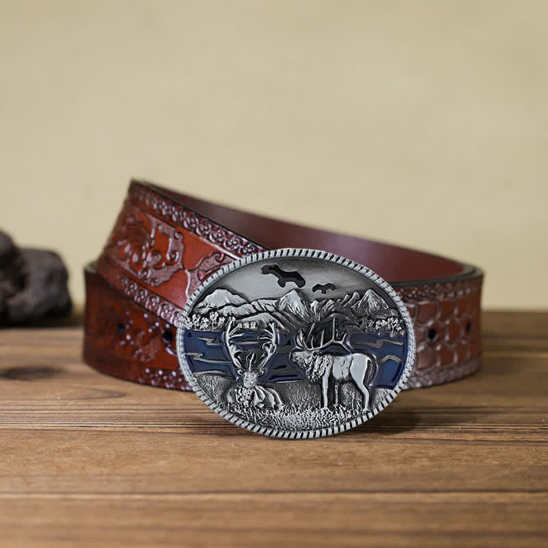 Men's DIY Enamel Wild Life Deer Buckle Leather Belt - Antique Silver - Brown Carved Belt (40) - image 10