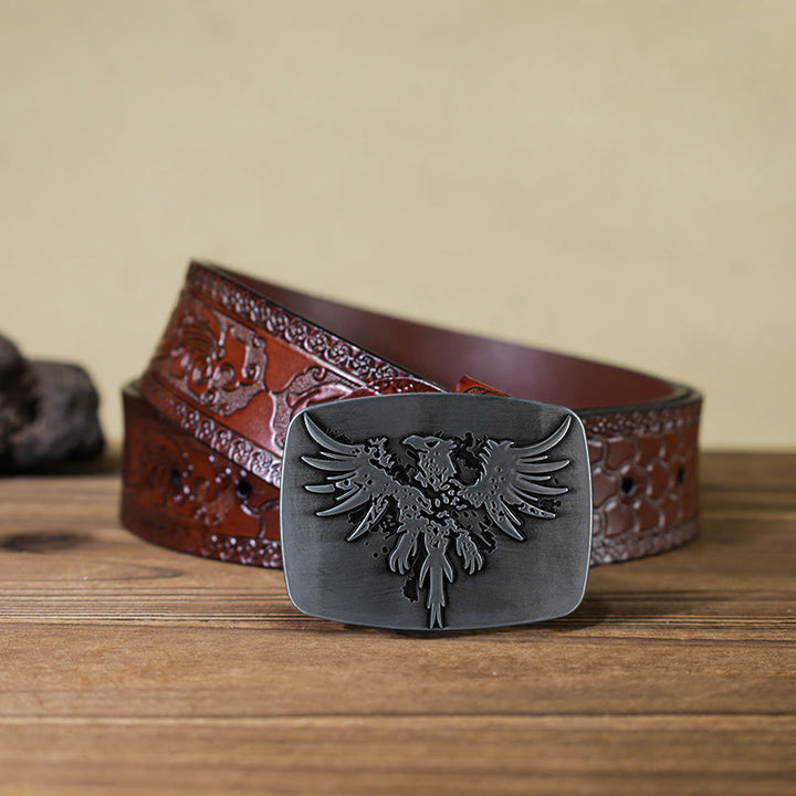 Men's DIY Rising Phoenix Eagle Buckle Leather Belt - Silver - Brown Carved Belt (40) - image 14