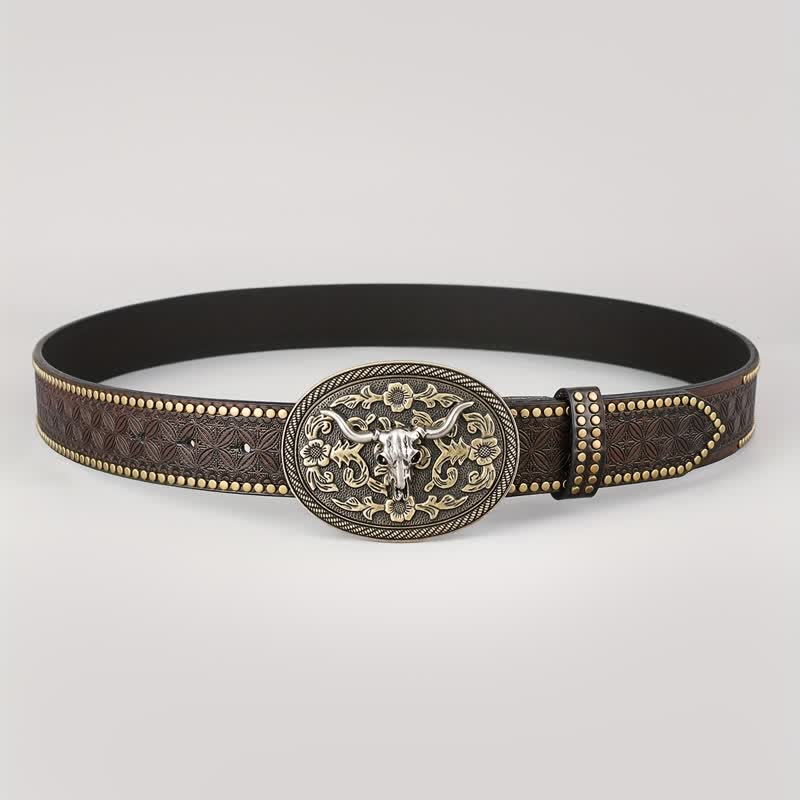 Men's Dark Brown Bull Head Embossed Leather Belt - image 2