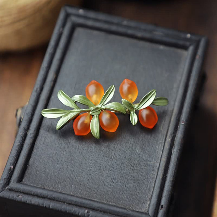 Women's Pastoral Orange Fruit Berry Brooch - Orange With Leaves - image 2