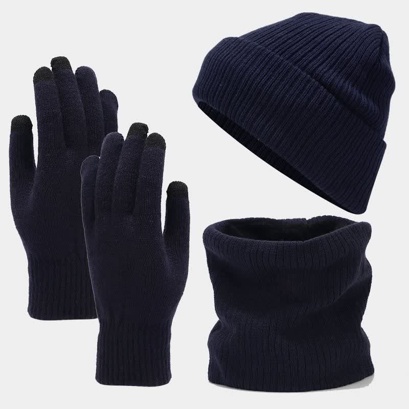 3Pcs Unisex Solid Color Twill Hat Scarf Gloves Set - Navy - Adjustable (Approx. 22"-22 7/8") - image 0