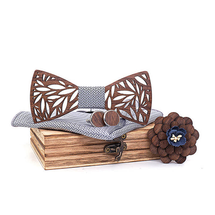 4pcs Men's Hollow Leaf Wooden Bow Tie Set - Gray - image 11