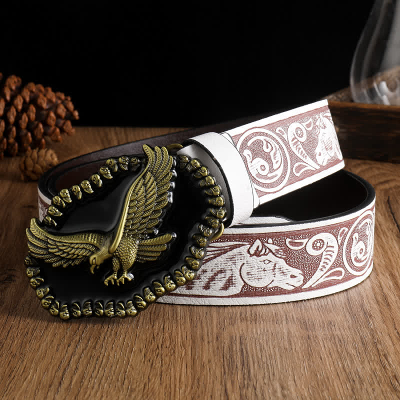 Men's Antique Gold Eagle Soaring Hawk Leather Belt - White - 42 - image 19