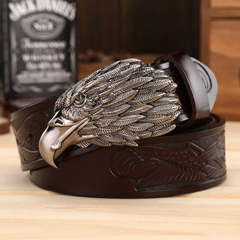 Men's Sharp Eyes 3D Vulture Head Eagle Buckle Leather Belt - Brown / Silver - 46 - image 13