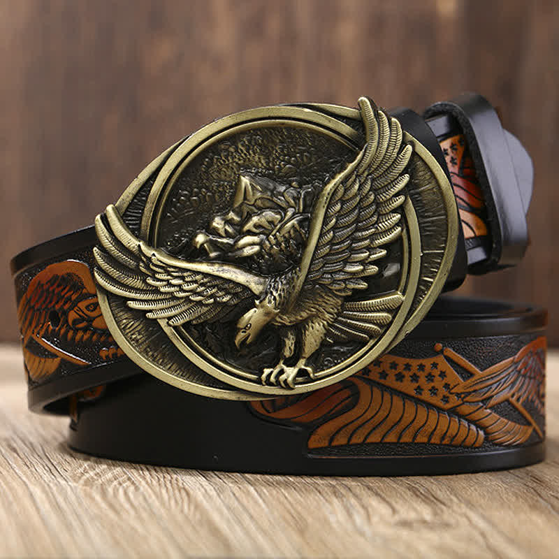 Men's Novelty Flying Eagle Buckle Carved Pattern Leather Belt - Black & Yellow / Bronze - 46 - image 0