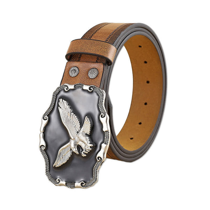Men's Eye-Catching Silver Relief Eagle Black Buckle Leather Belt - Eagle - 42 - image 0