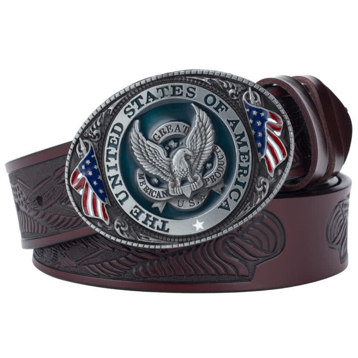 Men's Eagle Spread Wings Patriotic Buckle Leather Belt - Coffee - 46 - image 7