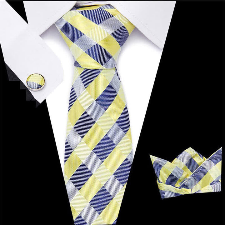3Pcs Men's Yellow & Blue Striped Plaid Necktie Set - Yellow & Blue - image 0