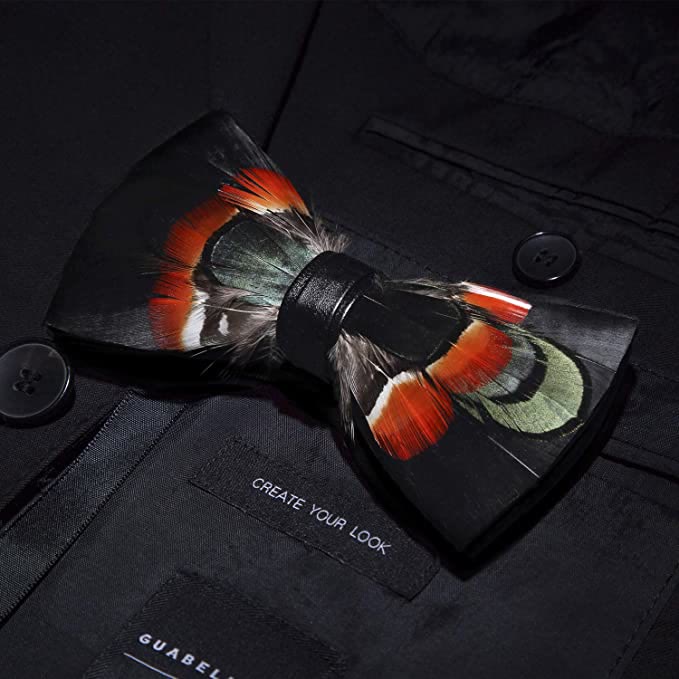 Black & Red Green Mallard Feather Bow Tie with Lapel Pin - image 1