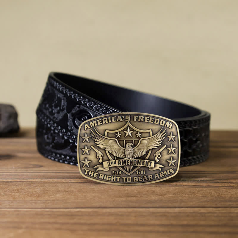 Men's DIY Eagle America's Freedom Buckle Leather Belt - Antique Bronze - Black Carved Belt (40) - image 15
